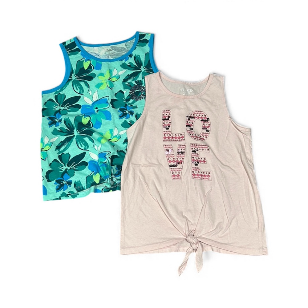 Justice Floral and Love Print Tank Tops - Blue and Pink